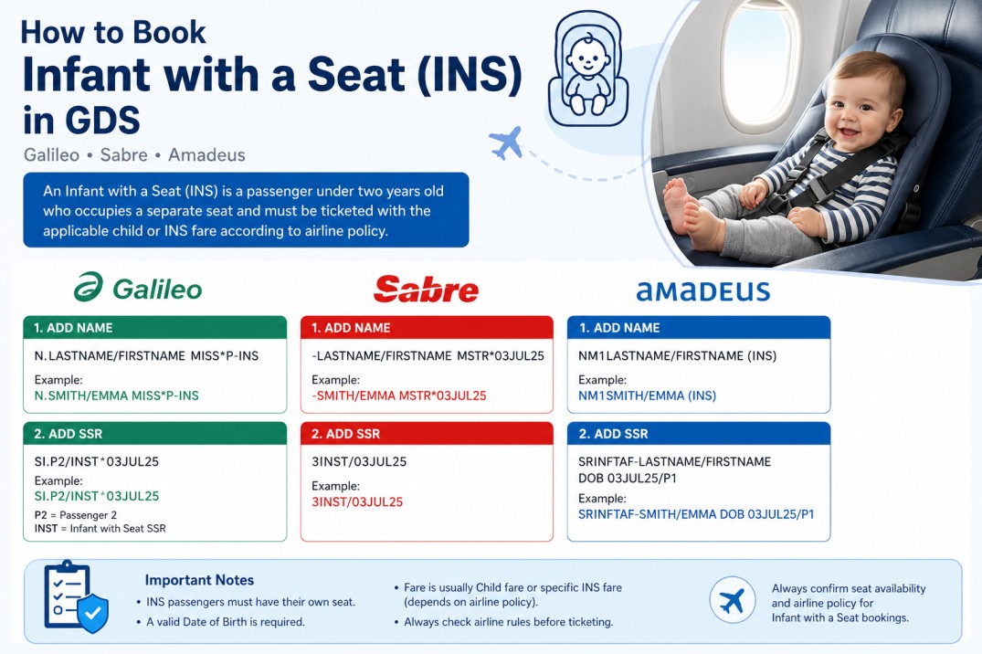How to Book an Infant with a Seat (INS) in Amadeus, Galileo & Sabre