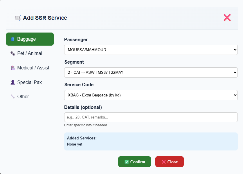 GDS Training Simulator screen showing a special service request SSR being added to a PNR