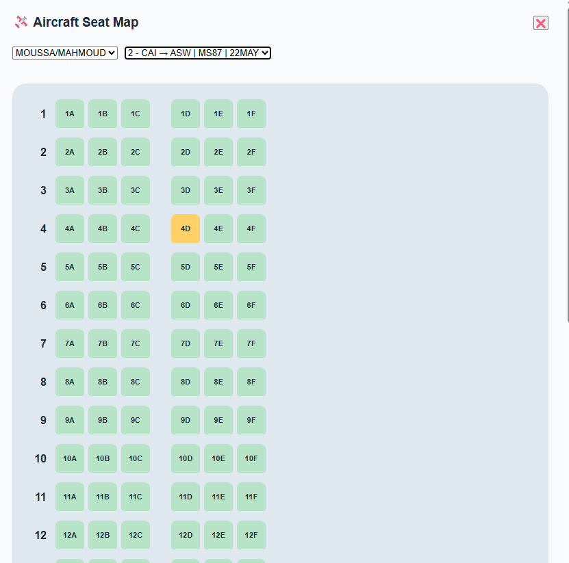 Amadeus seat map display inside the GDS Training Simulator showing available and occupied seats