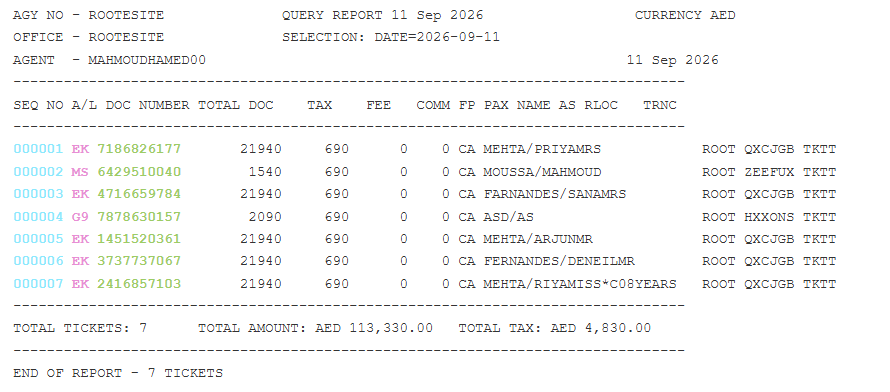 Ticket report issued inside the GDS Training Simulator showing the electronic ticket number and fare details